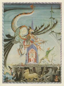 Then the dragon made a dart at the hunter but he swung his sword round and cut off three of the beasts heads 1900 1909 Kay Rasmus Nielsen 