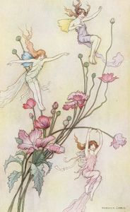 Three Spirits Mad with Joy Come Dashing Down on a Tall Wayside Flower 1920 Warwick Goble