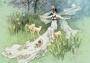 The Fairy Coquette with Three Wolves Which She Has Just Transformed Into Lambs Warwick Goble