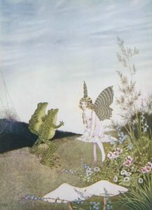 Two Frogs and a Fairy Sitting on a Mushroom