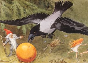A Big Black and White Bird Swooping Down to Get the Sun Egg Elf Looks on and Girl with Red Hair and Frog Runaway