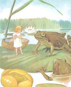 Thumbelina Little Girl on a Water Lilly with 2 Frogs Illustration04