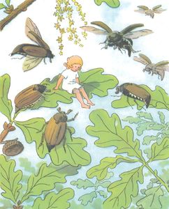 Thumbelina Little Girl Sitting on a Leaf with Beetles Hovering Around Her Illustration06