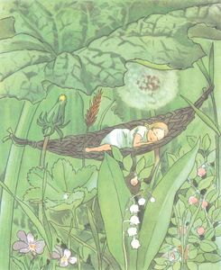 Thumbelina Little Girl Sleeping in a Hammock Under the Shade of Leaves Illustration07