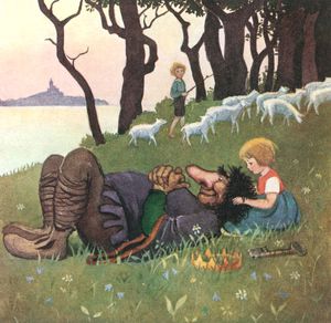 Troll Lies Down Resting Head on Girls Lap Boy in Background Walking with Sheep