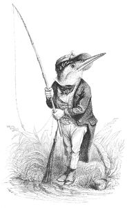 Vintage Anthropomorphic Illustration of a Bird with a Fishing Rod