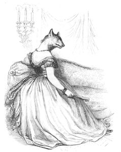Vintage Anthropomorphic Illustration of a Cat in a Dress Sitting on a Couch