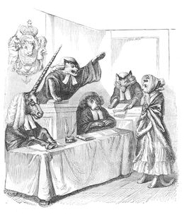 Vintage Anthropomorphic Illustration of a Courtroom with a Unicorn Cat and Dog