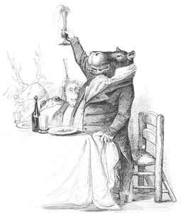 Vintage Anthropomorphic Illustration of a Hippo Toasting at a Table