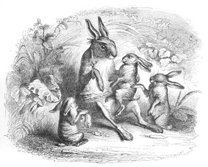 Vintage Anthropomorphic Illustration of a Injured Hare with Its Children