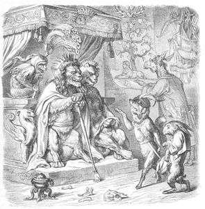 Vintage Anthropomorphic Illustration of a King and Queen Lions Sitting at Their Throne