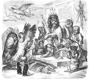 Vintage Anthropomorphic Illustration of a King Lion Siting at Court
