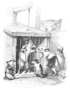 Vintage Anthropomorphic Illustration of a Locked Up Mice with Family Crying Cat Peering From Behind the Wall