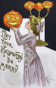Vintage Halloween Illustration a Girl with a Pumpkin