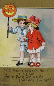 Vintage Halloween Illustration Two Kids with Pumpkin Lantern