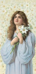 VIntage Illustration of a Girl Holding Flowers in a Light Blue Gown