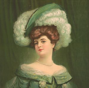 Vintage Illustration of Women in Emerald Hat and Dress
