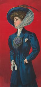 Woman in Blue Hat and Coat with Flower Corsage on Lapel