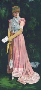 Woman in Pink Dress Holding Folded Paper VIntage Illustration of Woman