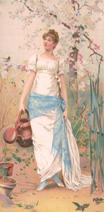 Woman in White Dress with Blue Sash Standing Holding a Watering Can
