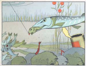 Big Fish Eating a Hooked Fish Animal Character Illustration