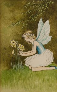 Vintage Illustration of a Fairy Looking at Flowers