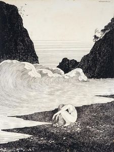 Vintage Fairy Tale Illustration of a Sad Girl at the Beach As the Waves Roll in